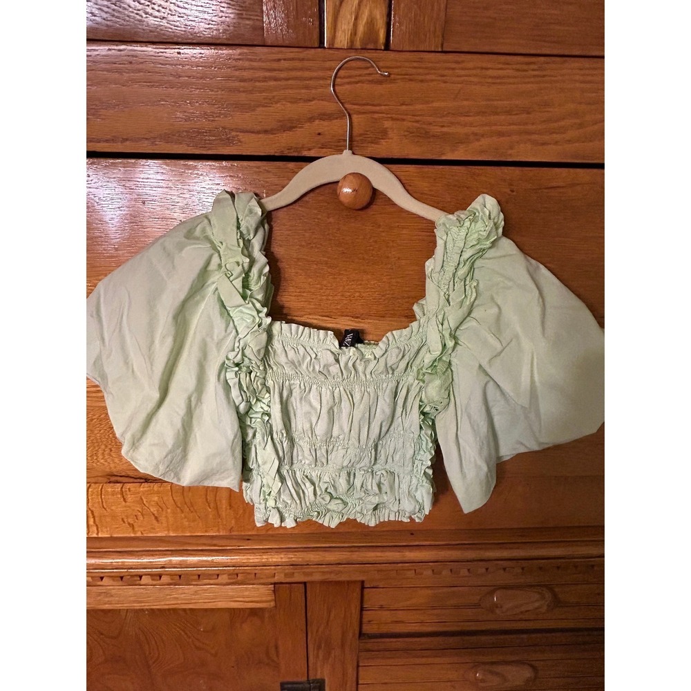 Zara Womens Smocked Puff Sleeve Crop Top Mint Green Ruffle Square Neck XS - Picture 3 of 9